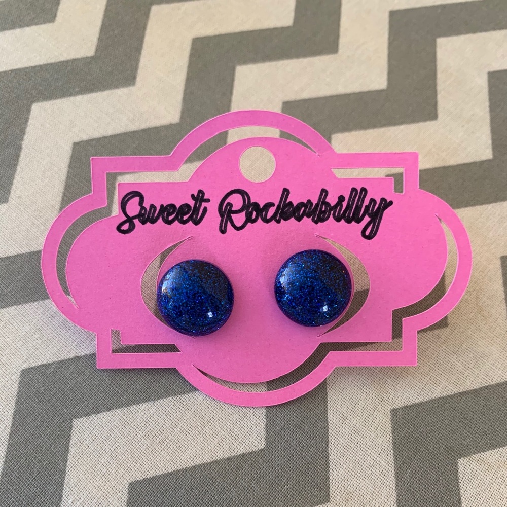 Blue Round Glitter Earrings